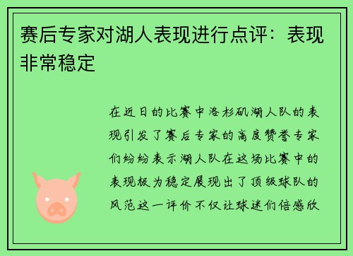 赛后专家对湖人表现进行点评：表现非常稳定